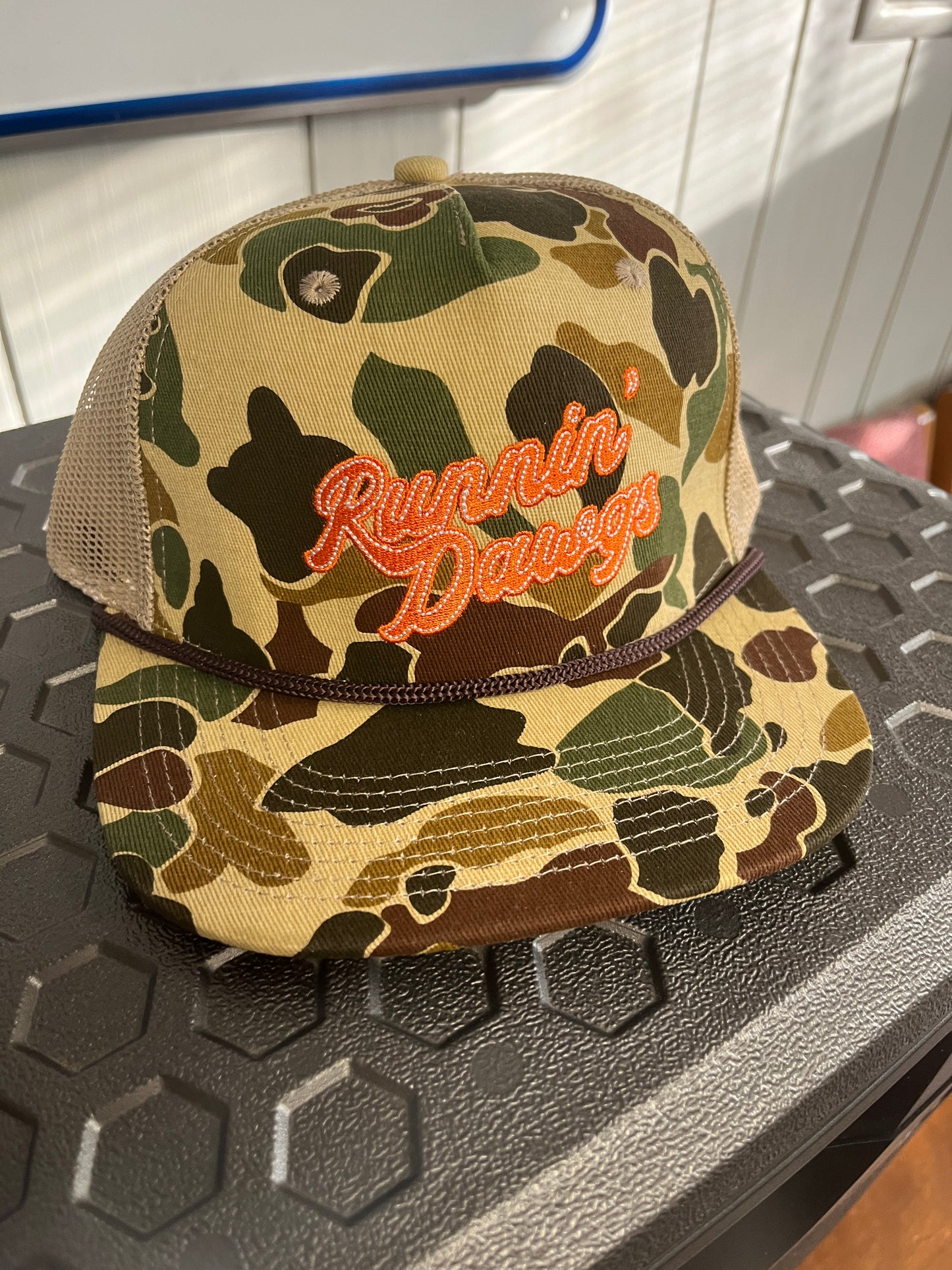 Runnin' Dawgs Hat with Mesh Back, Flat Bill, Duck Camo with Rope