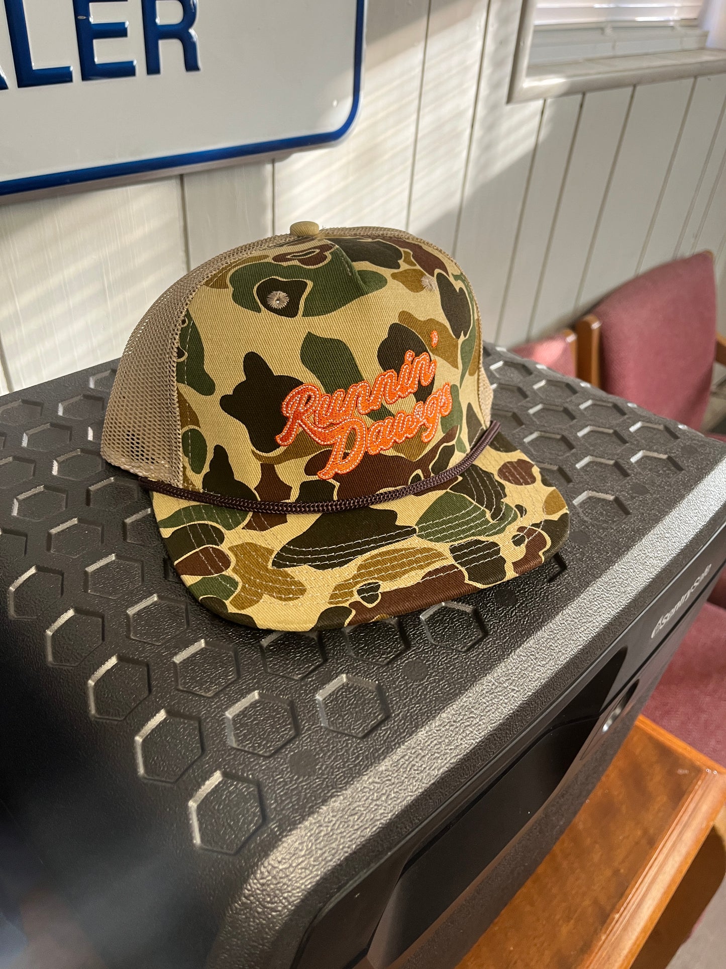 Runnin' Dawgs Hat with Mesh Back, Flat Bill, Duck Camo with Rope