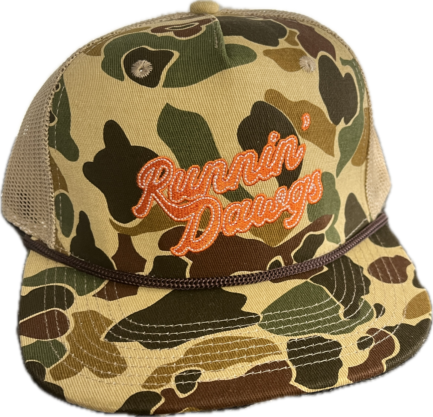 Runnin' Dawgs Hat with Mesh Back, Flat Bill, Duck Camo with Rope