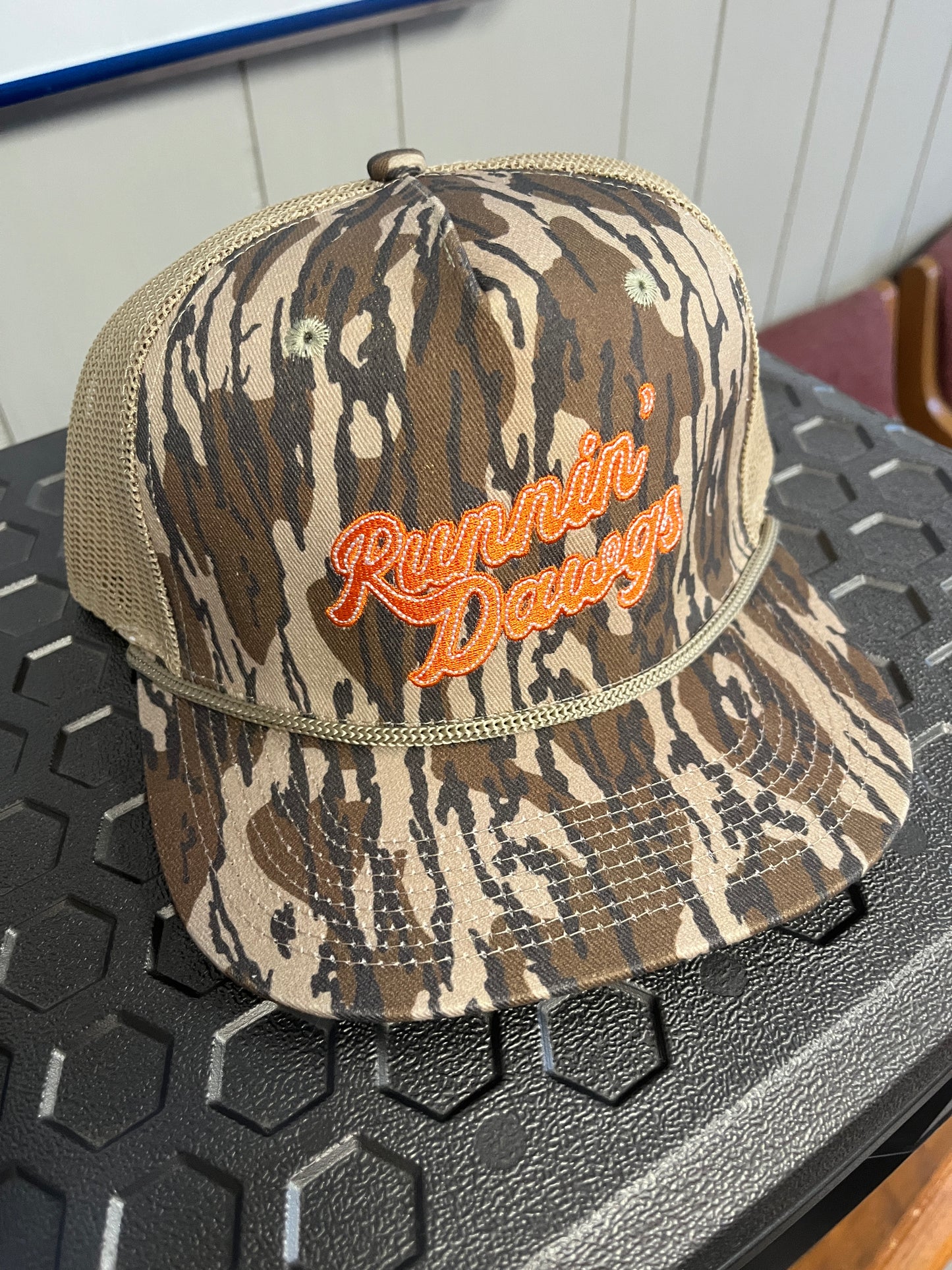 Runnin' Dawgs Hat with Mesh Back, Flat Bill, Timber Camo with Rope