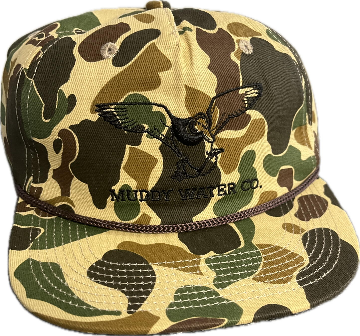 Muddy Water Hat with Solid Back, Flat Bill, Duck Camo with Rope