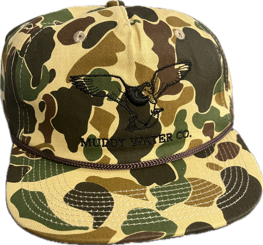Muddy Water Hat with Solid Back, Flat Bill, Duck Camo with Rope