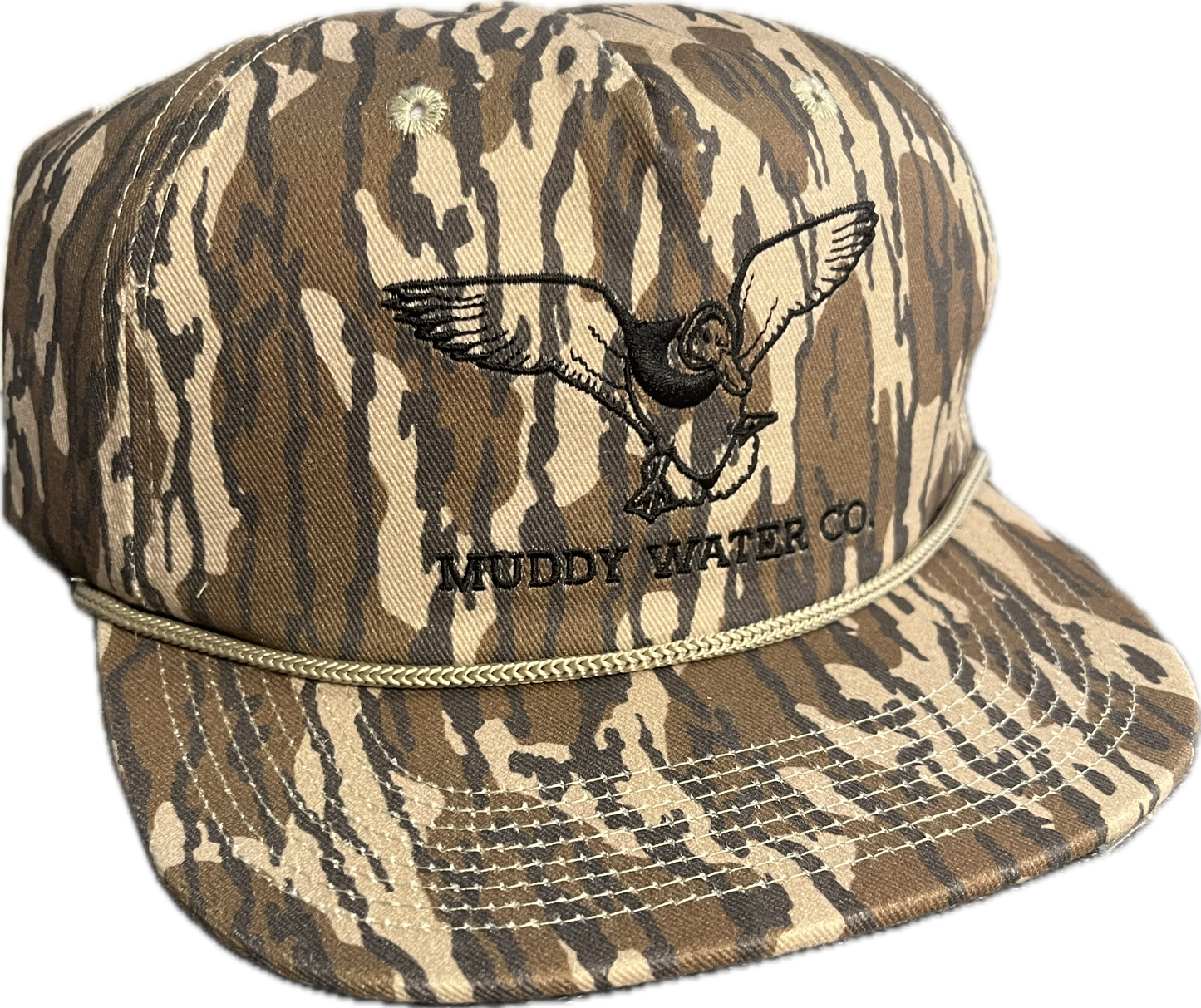 Muddy Water Hat with Solid Back, Flat Bill, Timber Camo with Rope
