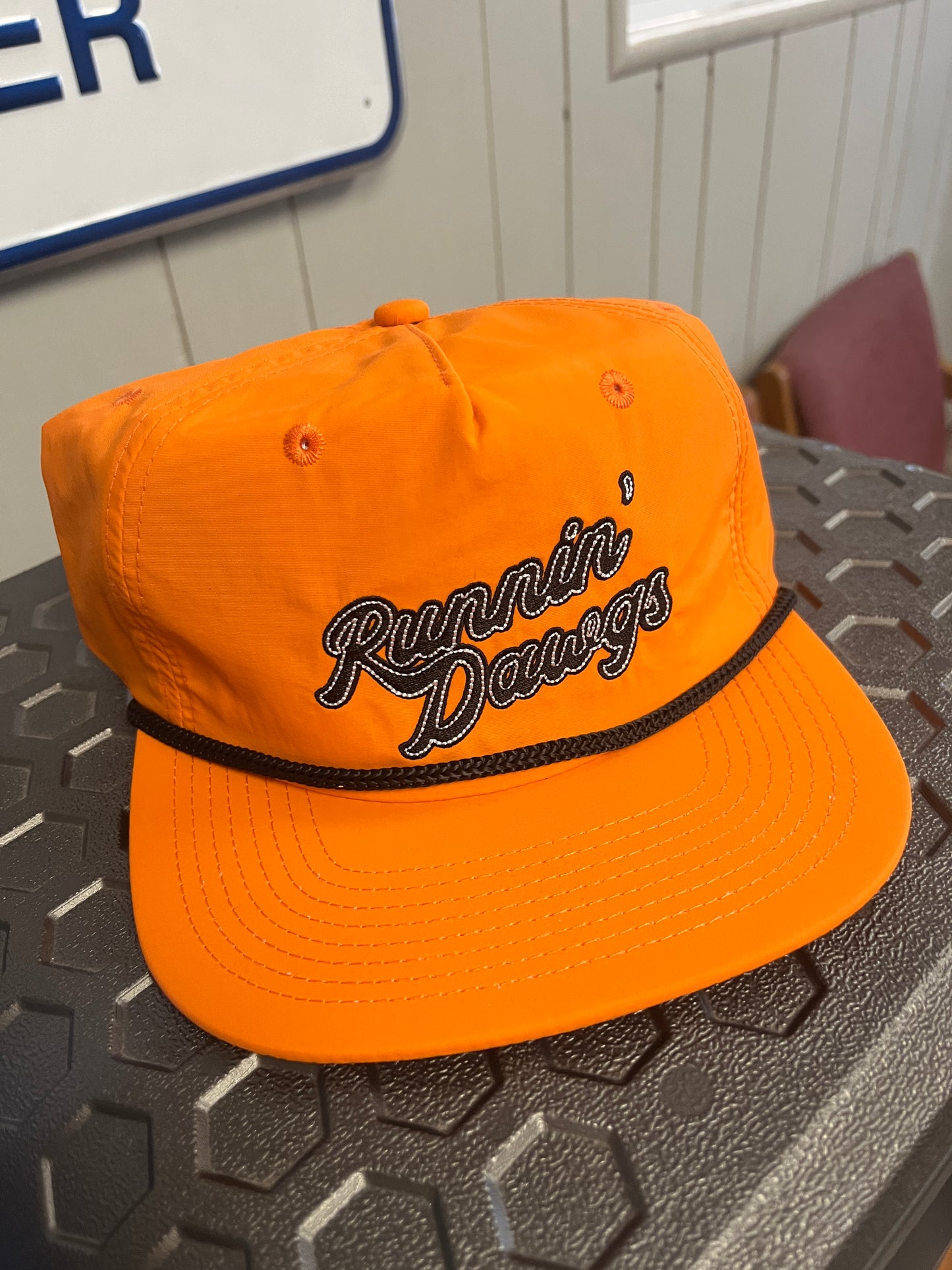 Runnin' Dawgs Hat with Solld Back, Flat Bill, Orange with Rope