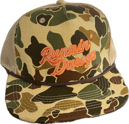 Runnin' Dawgs Hat with Mesh Back, Flat Bill, Duck Camo with Rope