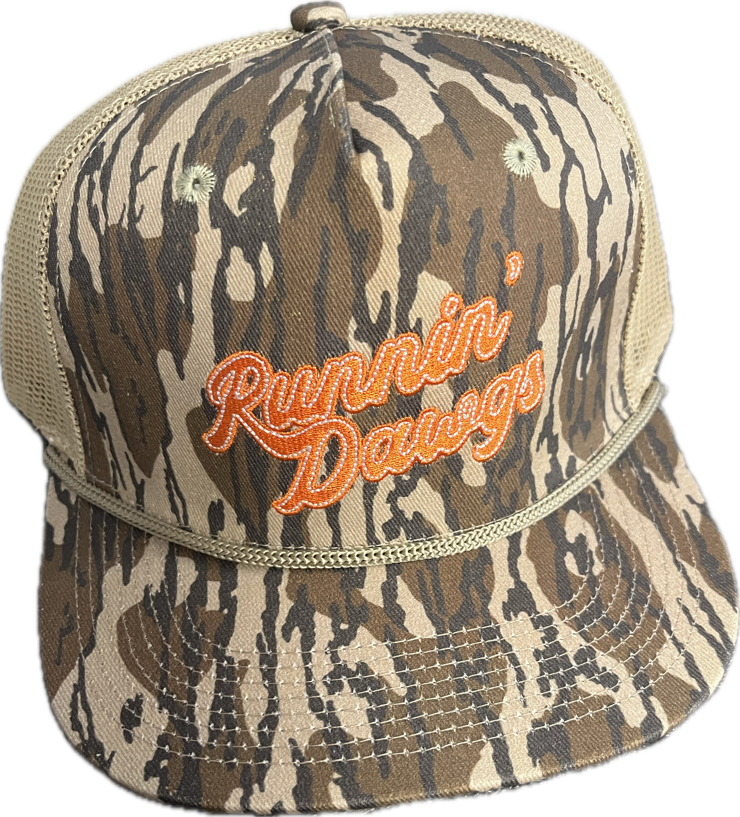 Runnin' Dawgs Hat with Mesh Back, Flat Bill, Timber Camo with Rope